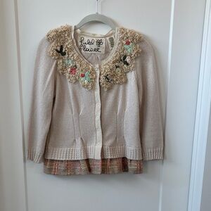 Anthropologie Field Flower Cream Cardigan with Floral Embroidery